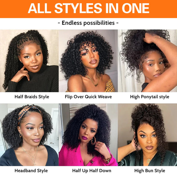 Deep Curly human Hair Wig 3 IN 1 Half Wigs Kinky Curly Human Hair Wig Glueless Wigs With Drawstring Seamless 250% Human Hair Wig