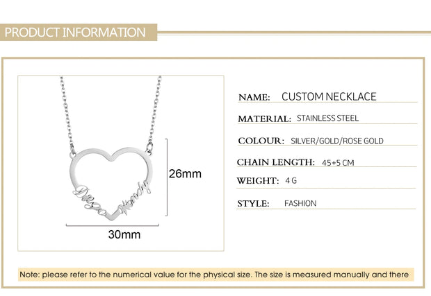 Heart Customized Name Necklace Stainless Steel Nameplate Pendant Personalized Custom Necklaces Jewelry Gift for Women Girls