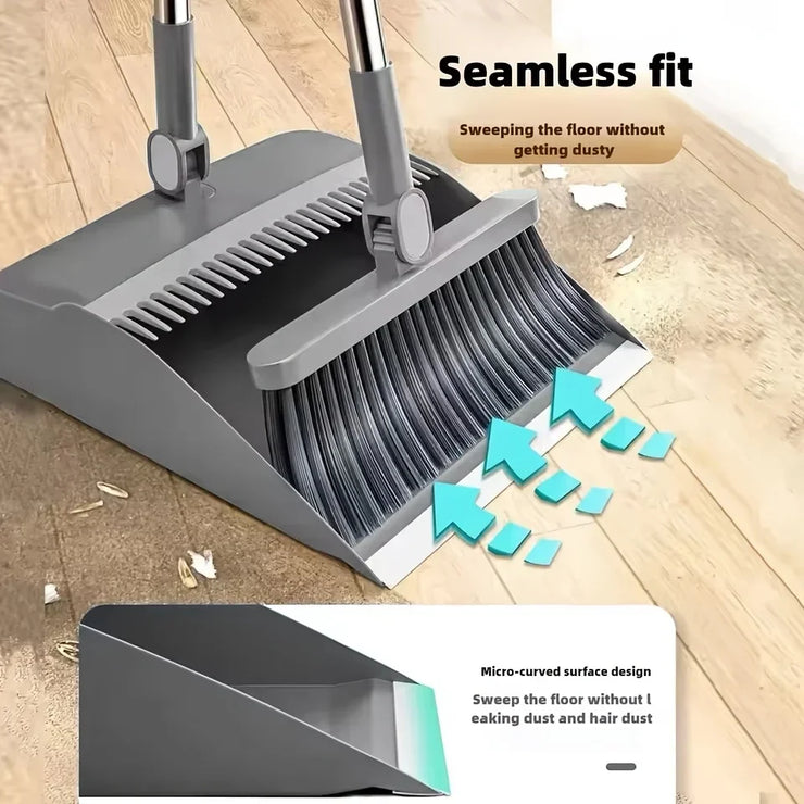 Broom with Dustpan, Adjustable Long Handle, Standing Broom and Dustpan Set for Indoor & Outdoor Sweeping, Home, Office, Kitchen