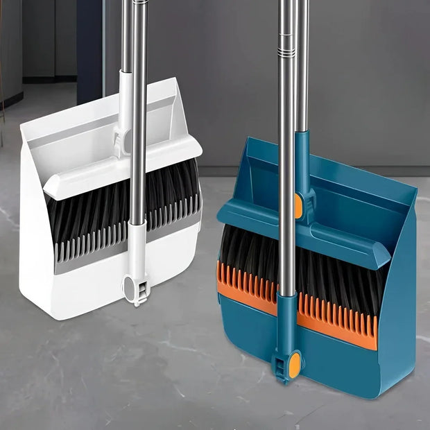 Broom with Dustpan, Adjustable Long Handle, Standing Broom and Dustpan Set for Indoor & Outdoor Sweeping, Home, Office, Kitchen