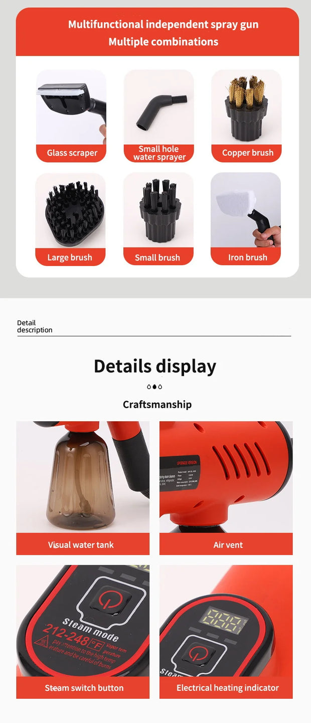 1200W Handheld Steam Cleaner High-Pressure and High-Temperature Sterilization Household Kitchen Air Conditioner Hood Washer Gun