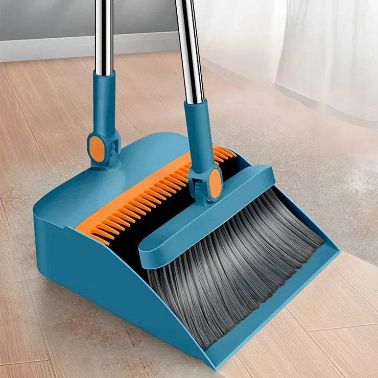 Broom with Dustpan, Adjustable Long Handle, Standing Broom and Dustpan Set for Indoor & Outdoor Sweeping, Home, Office, Kitchen