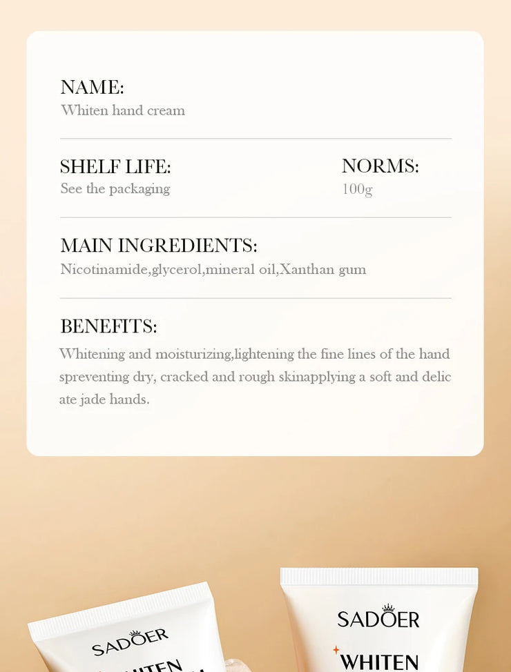 SADOER 100g Moisturizing Hand Cream Tender Nourish Non Greasy Brightening Hydrating Beauty Hands Skin Care Products