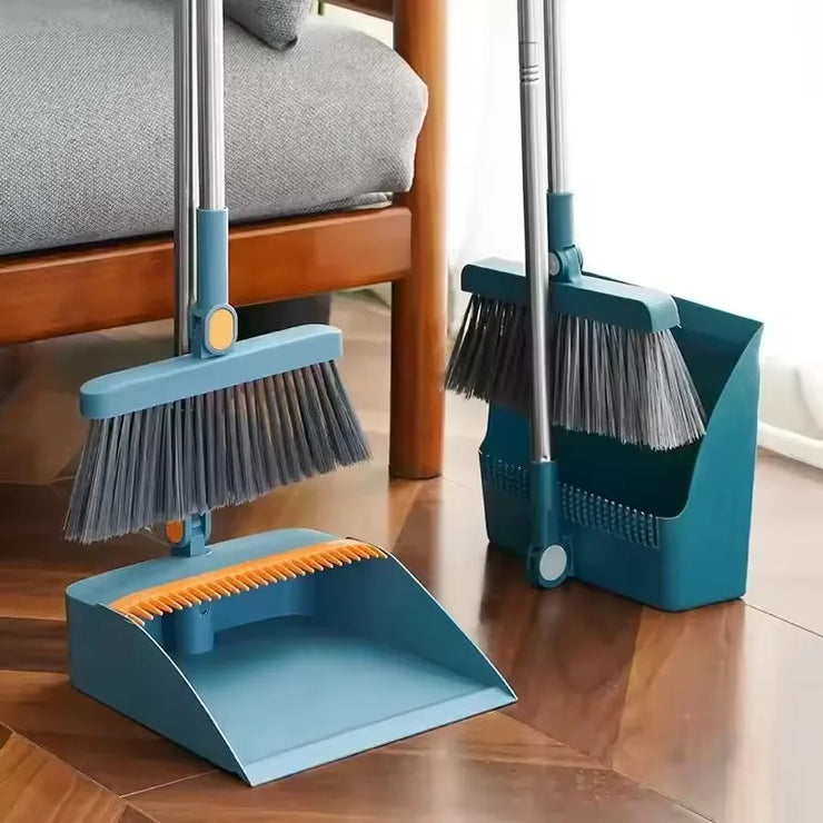Broom with Dustpan, Adjustable Long Handle, Standing Broom and Dustpan Set for Indoor & Outdoor Sweeping, Home, Office, Kitchen